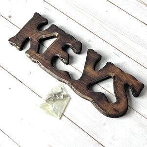 Vintage Wood KEYS Sign Key Holder Rustic Unvarnished Dark Finish 3 Hooks Taiwan